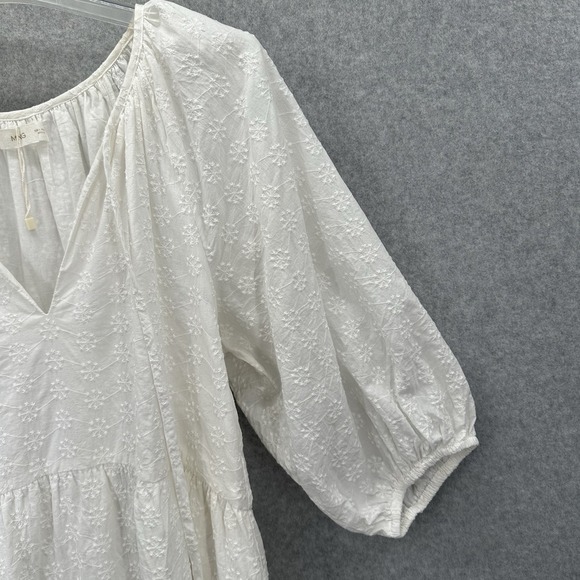Mango MNG Puff Sleeve Tonal Embroidered Cotton Minidress Size‎ 8 - Picture 3 of 10